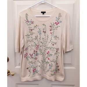Talbots Beaded Floral Sweater Short Sleeve Spring Flowers Easter Size Large